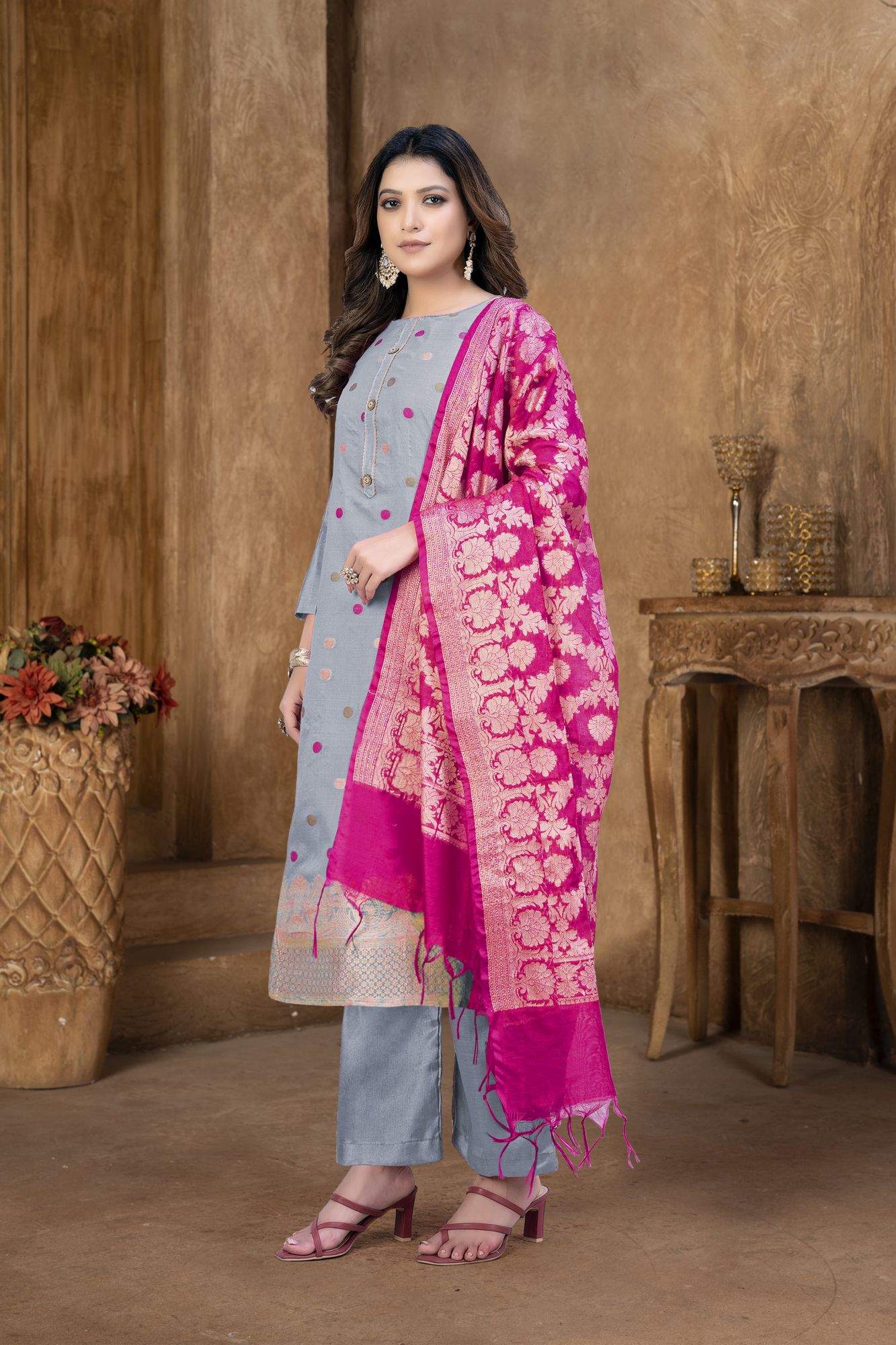 Grey Banarasi Jacquard Embroidery Pant Salwar Kameez