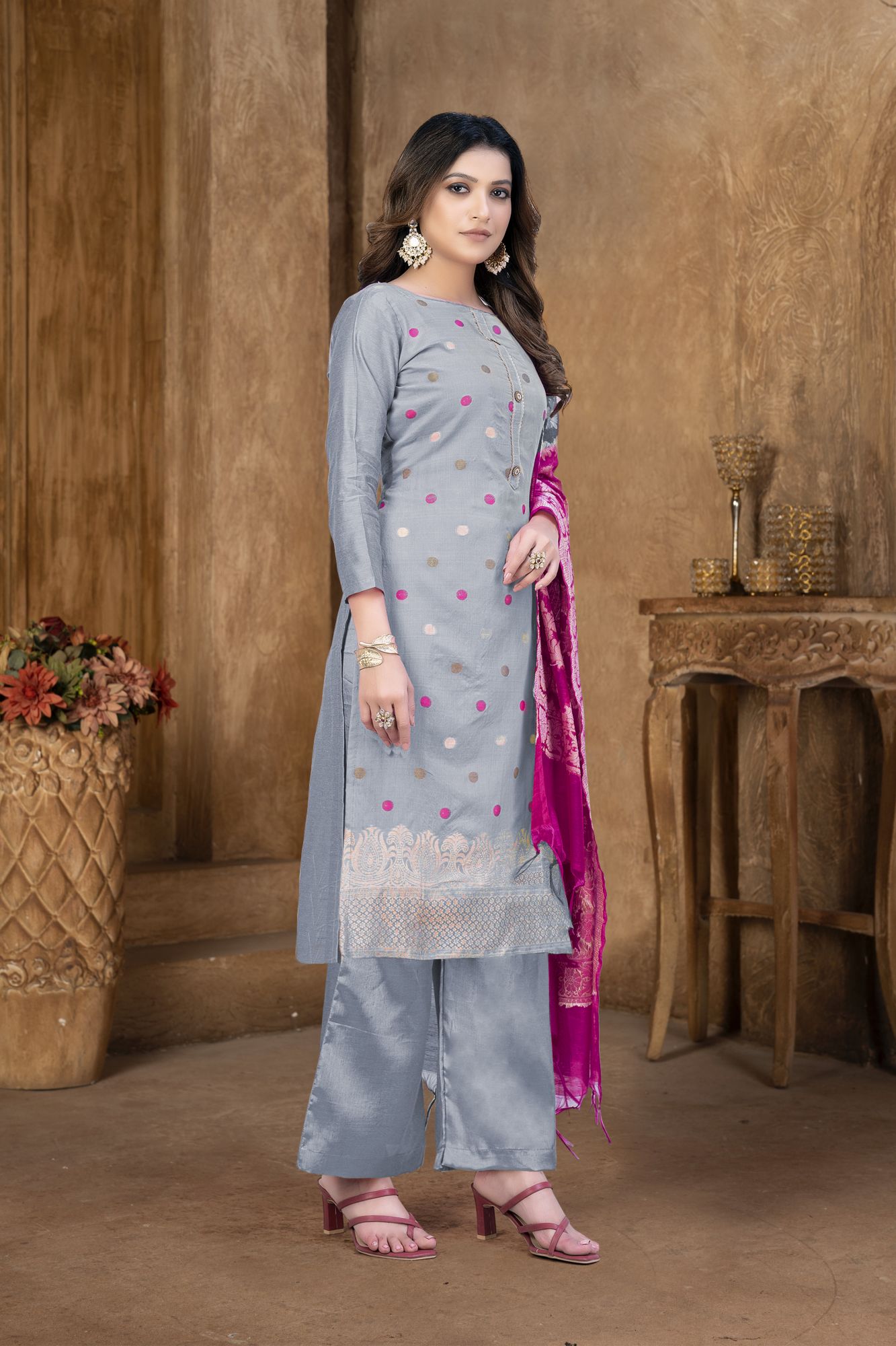 Grey Banarasi Jacquard Embroidery Pant Salwar Kameez