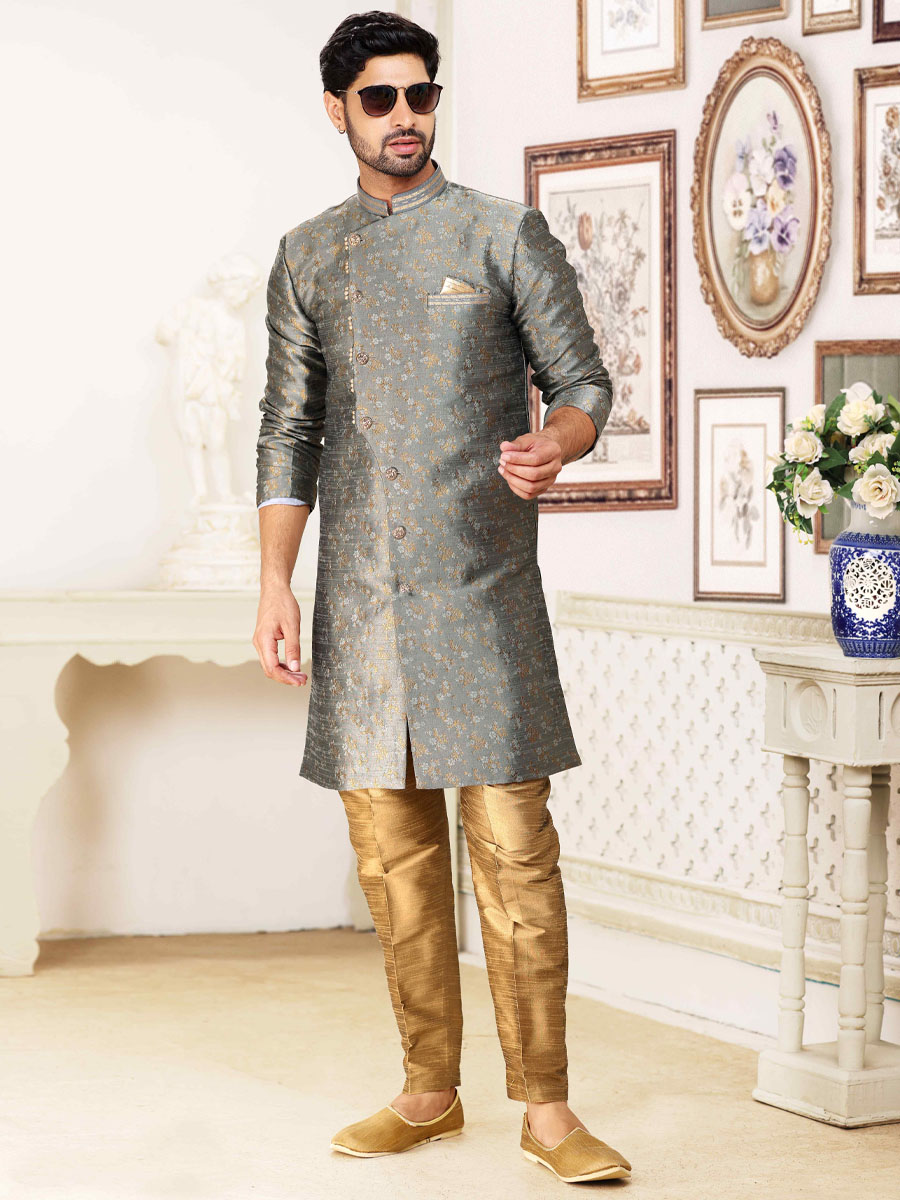 Grey Banarasi Jacquard Woven Wedding Party Sherwani