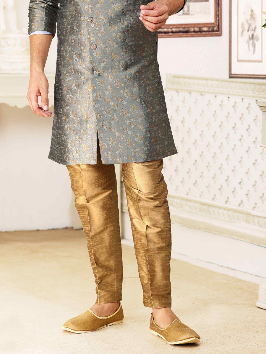 Grey Banarasi Jacquard Woven Wedding Party Sherwani