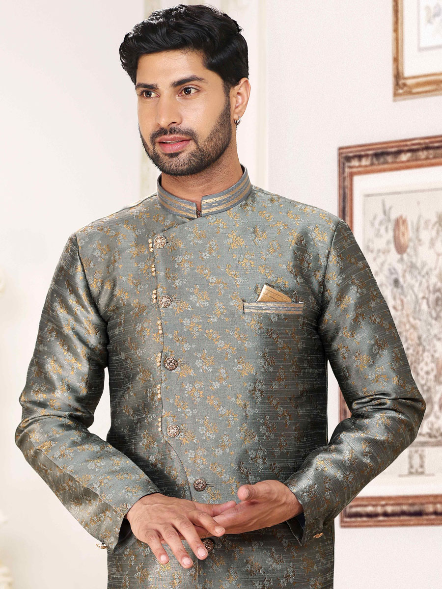 Grey Banarasi Jacquard Woven Wedding Party Sherwani