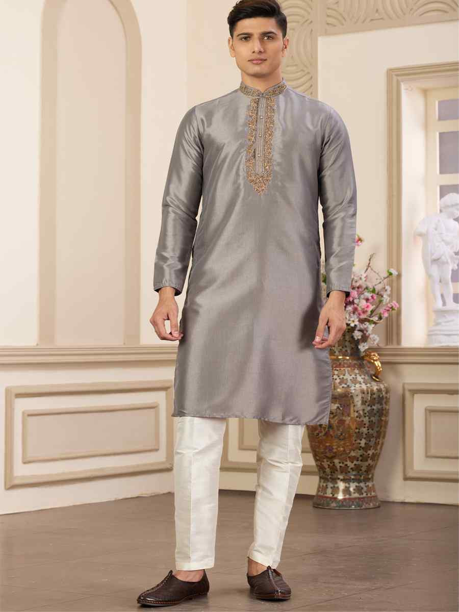 Grey Banarasi Silk Embroidered Festival Party Kurta