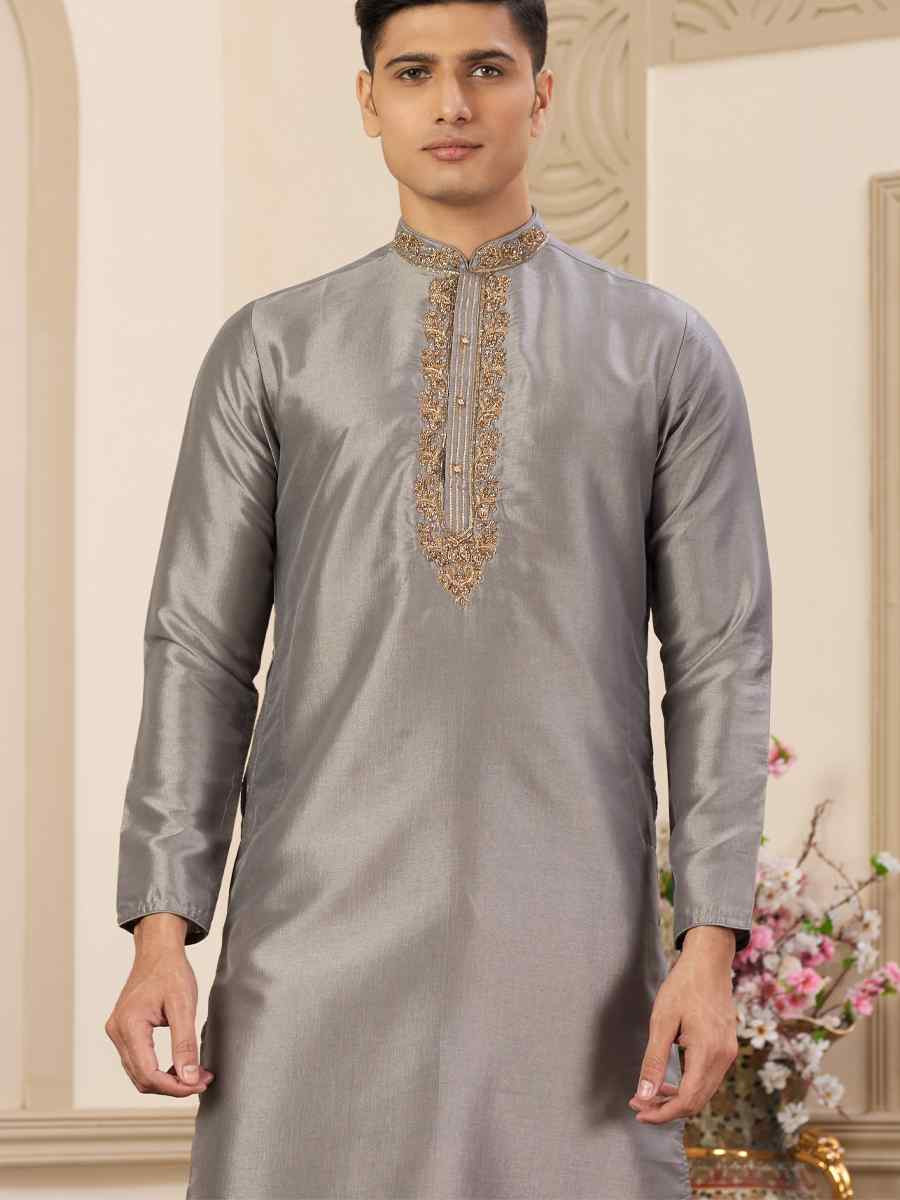 Grey Banarasi Silk Embroidered Festival Party Kurta
