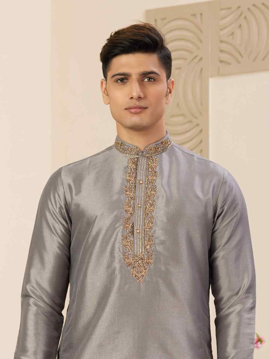 Grey Banarasi Silk Embroidered Festival Party Kurta