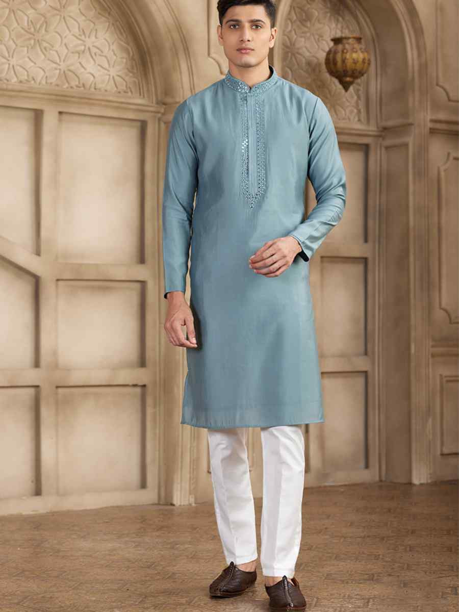 Grey Banarasi Silk Embroidered Festival Party Kurta