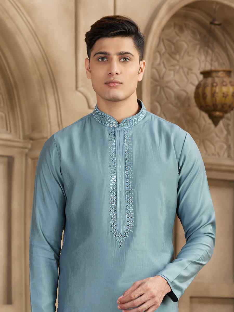 Grey Banarasi Silk Embroidered Festival Party Kurta