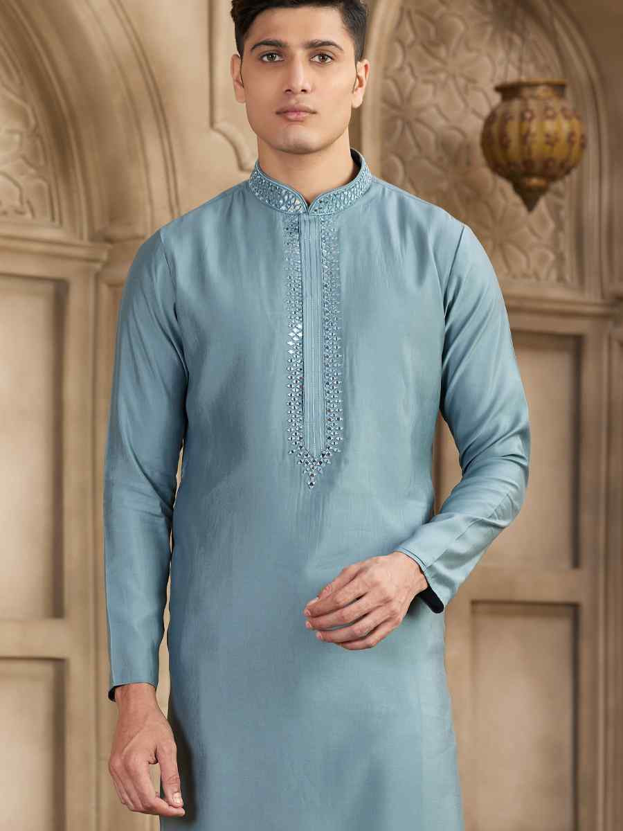 Grey Banarasi Silk Embroidered Festival Party Kurta