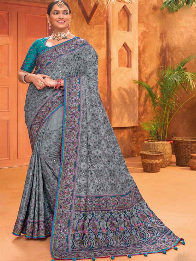 Grey Banarasi Silk Embroidered Party Festival Heavy Border Saree