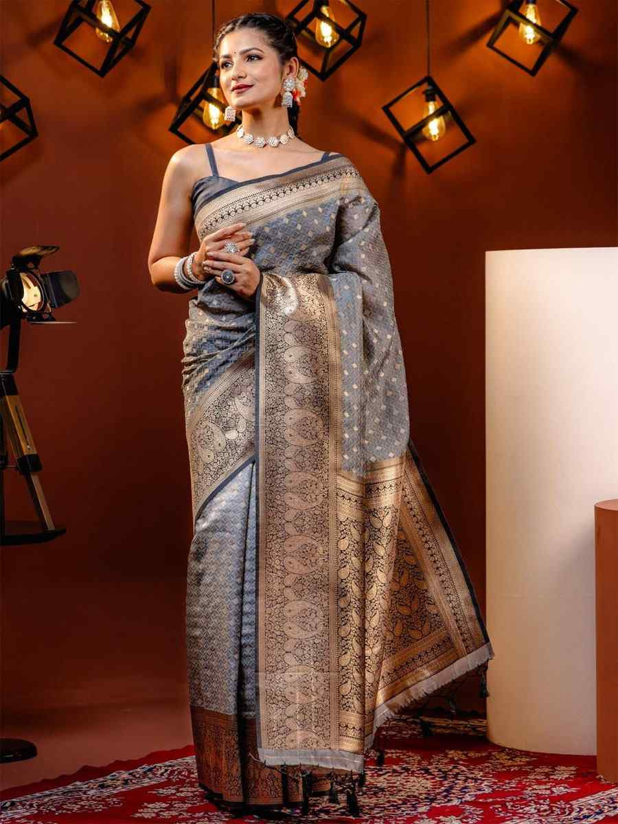 Grey Banarasi Silk Handwoven Festival Wedding Fancy Heavy Border Saree