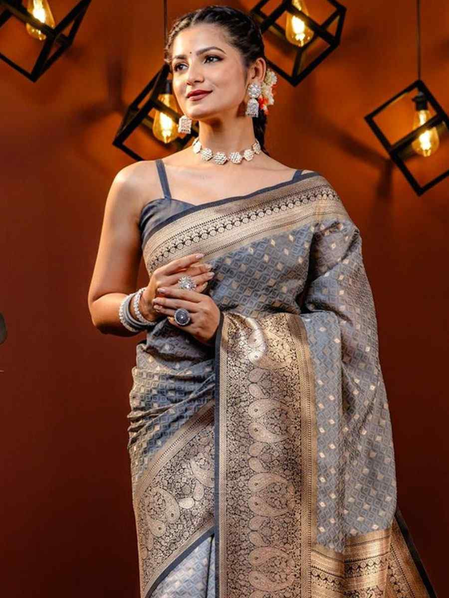 Grey Banarasi Silk Handwoven Festival Wedding Fancy Heavy Border Saree