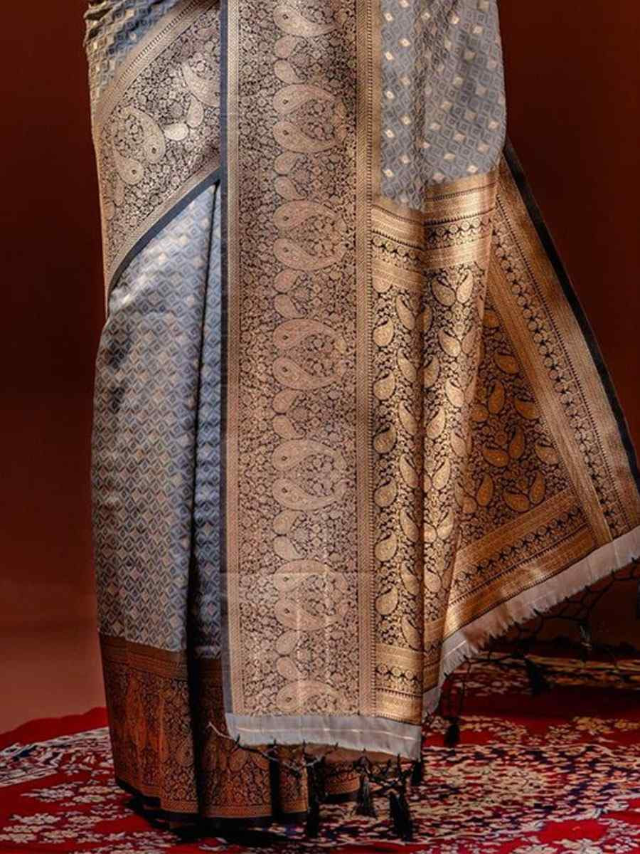 Grey Banarasi Silk Handwoven Festival Wedding Fancy Heavy Border Saree