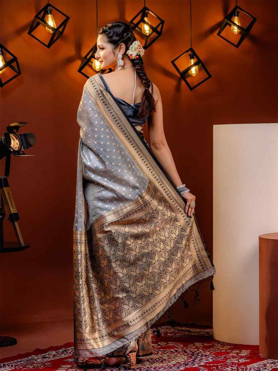 Grey Banarasi Silk Handwoven Festival Wedding Fancy Heavy Border Saree
