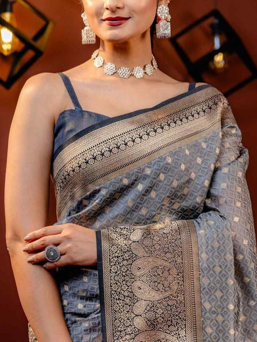Grey Banarasi Silk Handwoven Festival Wedding Fancy Heavy Border Saree
