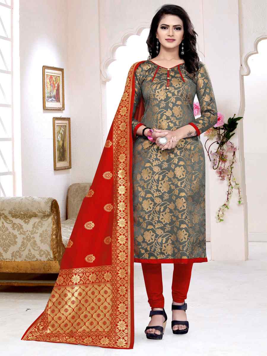 Grey Banarasi Silk Handwoven Wedding Festival Churidar Salwar Kameez