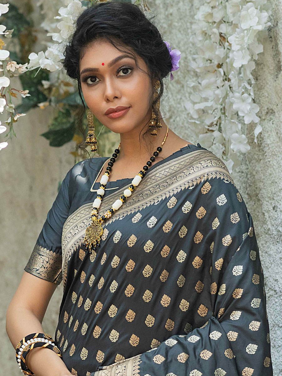 Grey Banarasi Silk Handwoven Wedding Festival Heavy Border Saree