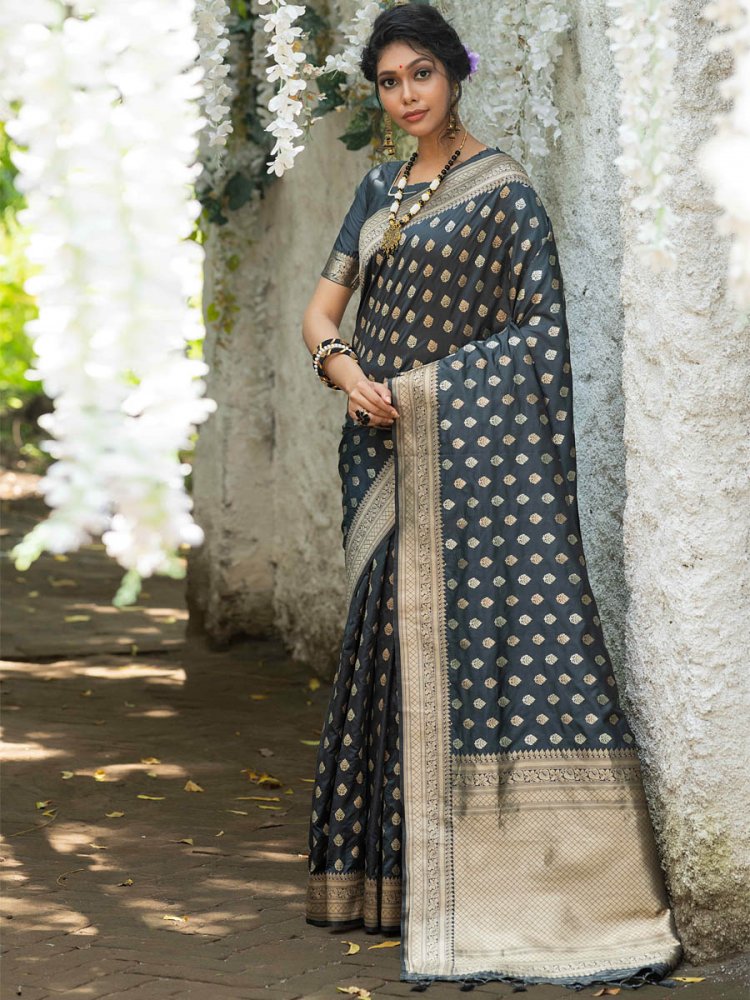 Grey Banarasi Silk Handwoven Wedding Festival Heavy Border Saree