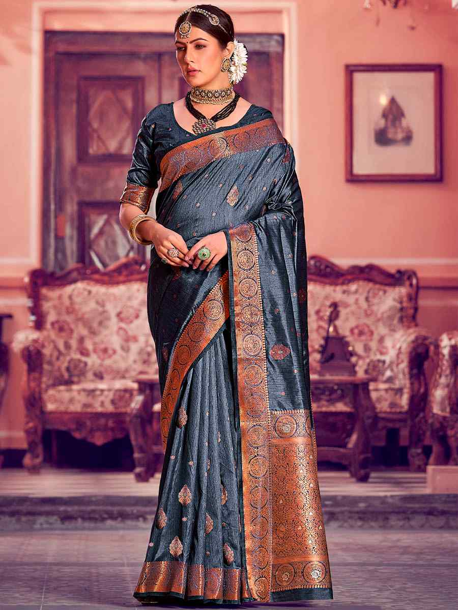 Grey Banarasi Silk Handwoven Wedding Festival Heavy Border Saree