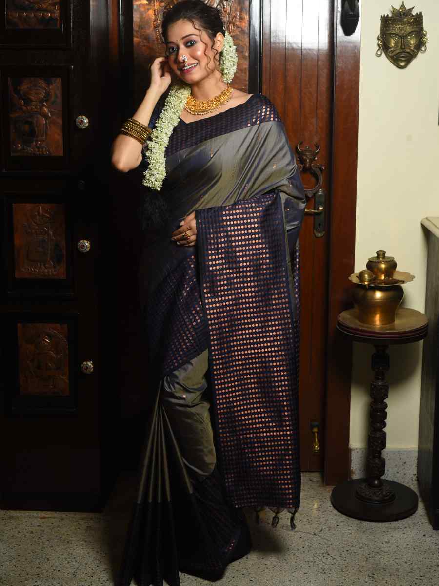 Grey Banarasi Silk Handwoven Wedding Festival Heavy Border Saree
