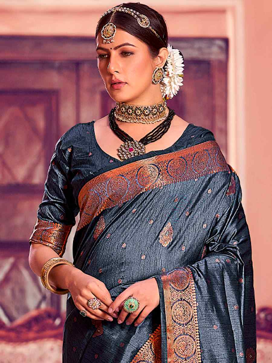 Grey Banarasi Silk Handwoven Wedding Festival Heavy Border Saree