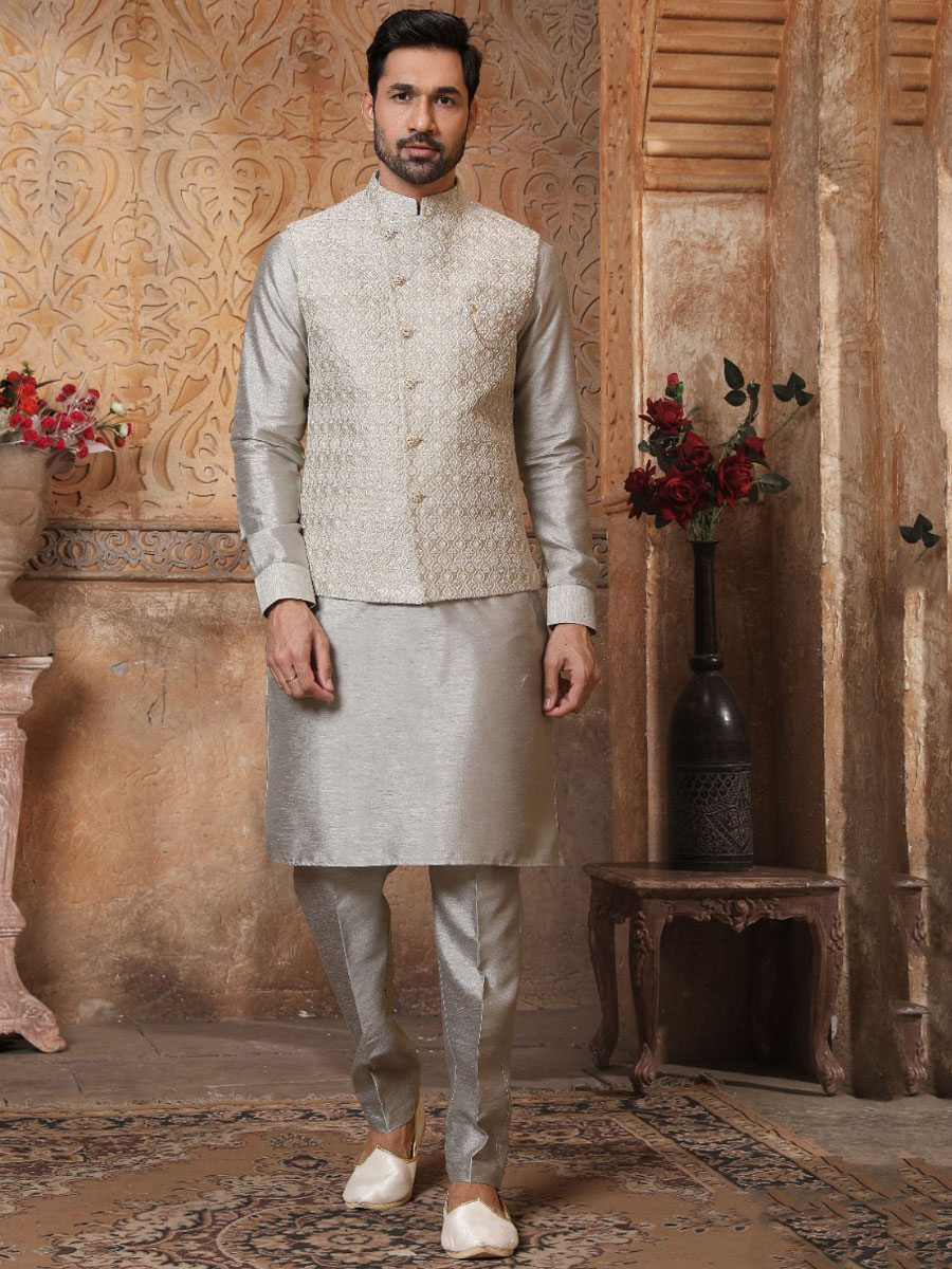 Grey Banarasi Silk Wedding And Festival Plain Kurta with Waistcoat