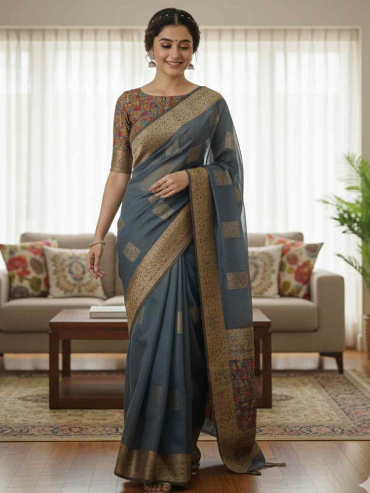 Image of Grey Banarasi Soft Silk Zari Handwoven Casual Reception Festival Wedding Fancy Classic Style Sarees
