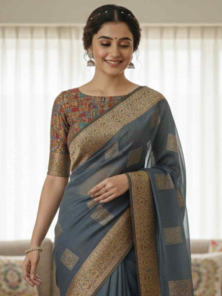 Grey Banarasi Soft Silk Zari Handwoven Casual Reception Festival Wedding Fancy Classic Style Sarees