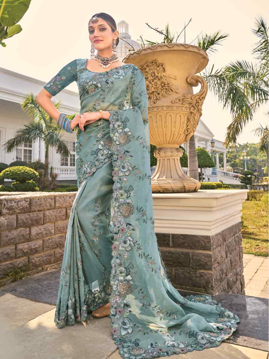 Grey Banarasi Zari Embroidered Festival Party Classic Style Saree