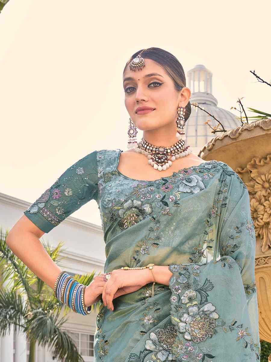 Grey Banarasi Zari Embroidered Festival Party Classic Style Saree