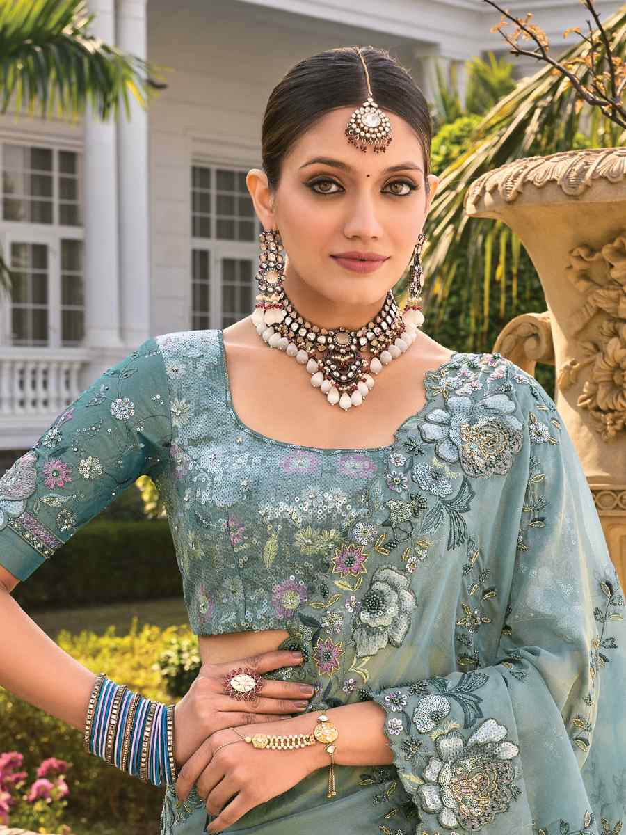 Grey Banarasi Zari Embroidered Festival Party Classic Style Saree