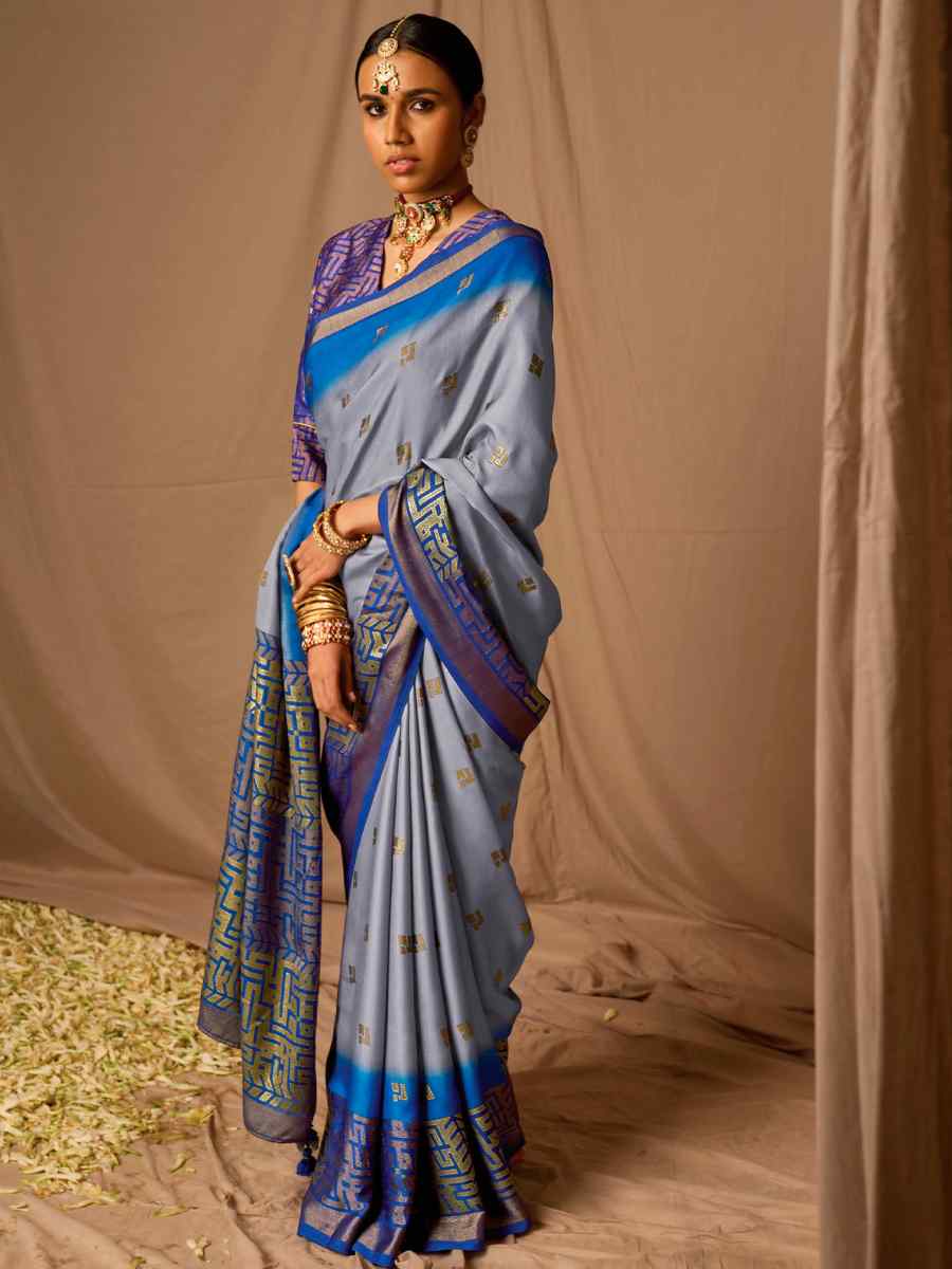 Grey Brasso Handwoven Wedding Festival Heavy Border Saree