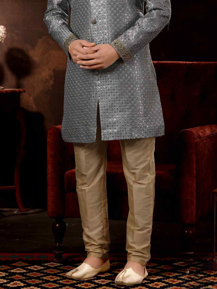 Grey Brocade Woven Wedding Party Sherwani