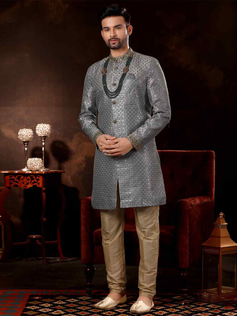 Grey Brocade Woven Wedding Party Sherwani