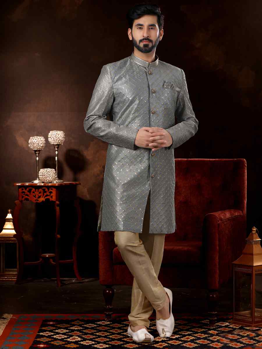 Grey Brocade Woven Wedding Party Sherwani