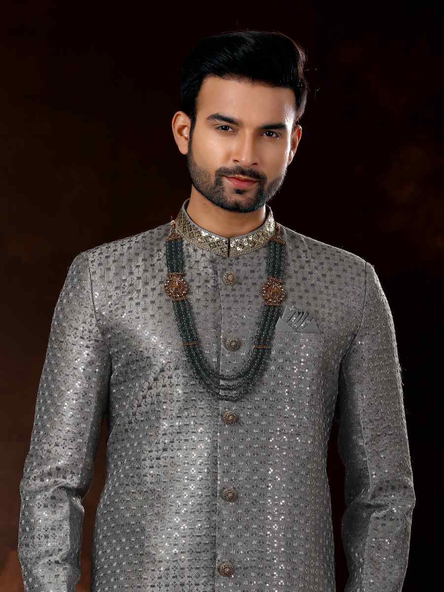 Grey Brocade Woven Wedding Party Sherwani