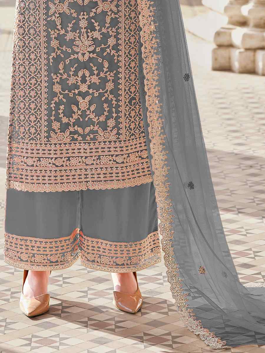 Grey Buterfly Net Embroidered Wedding Festival Pant Salwar Kameez