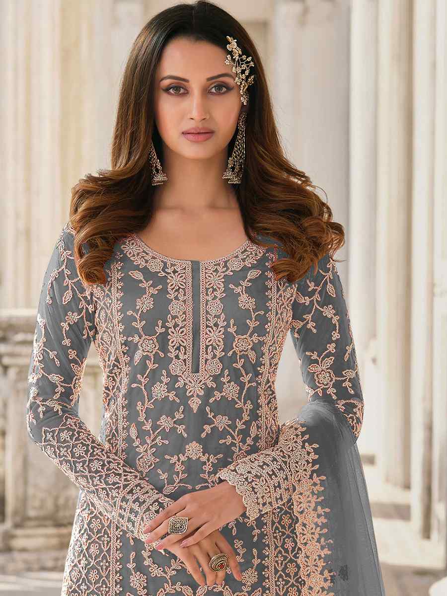 Grey Buterfly Net Embroidered Wedding Festival Pant Salwar Kameez