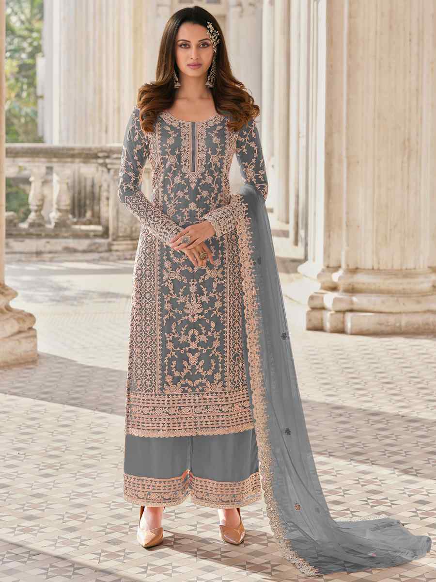 Grey Buterfly Net Embroidered Wedding Festival Pant Salwar Kameez