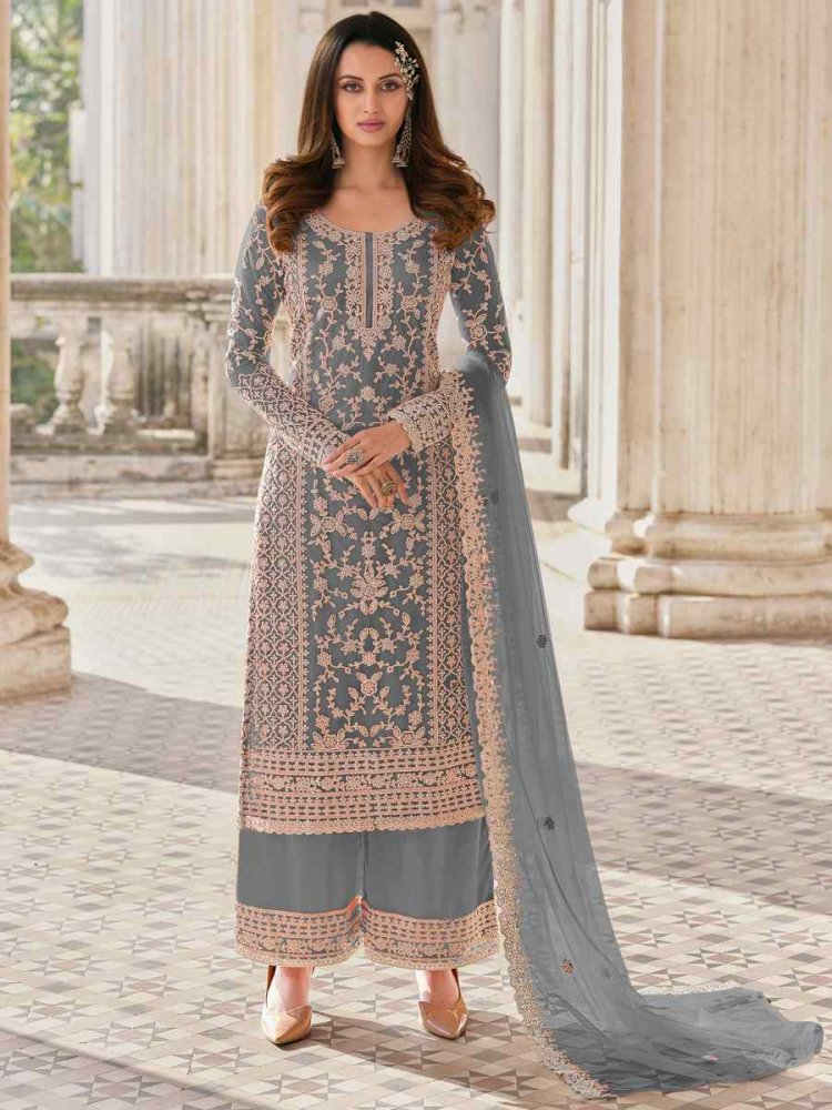 Grey Buterfly Net Embroidered Wedding Festival Pant Salwar Kameez