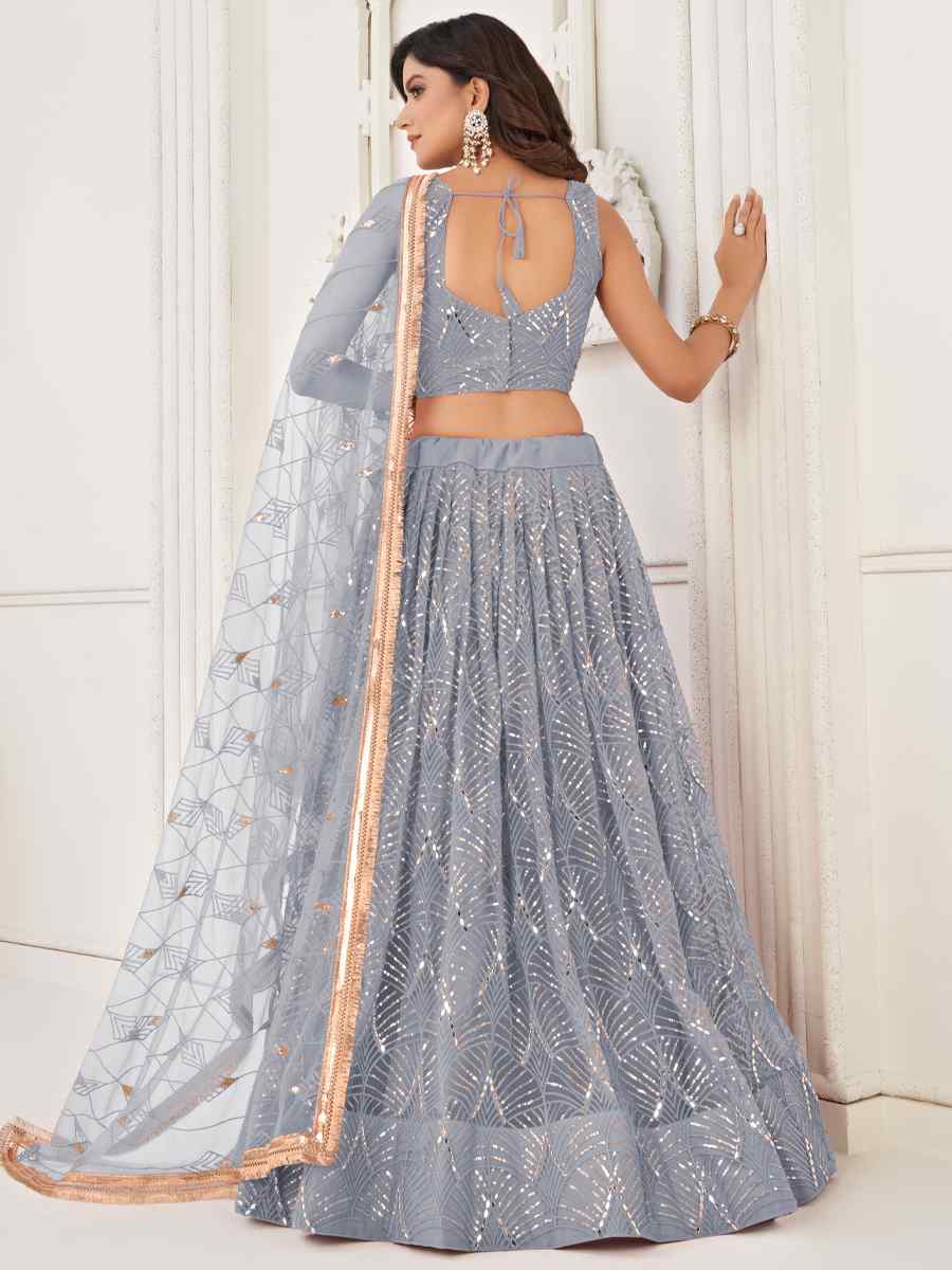 Grey Butterfly Net Embroidered Bridesmaid Wedding Heavy Border Lehenga Choli