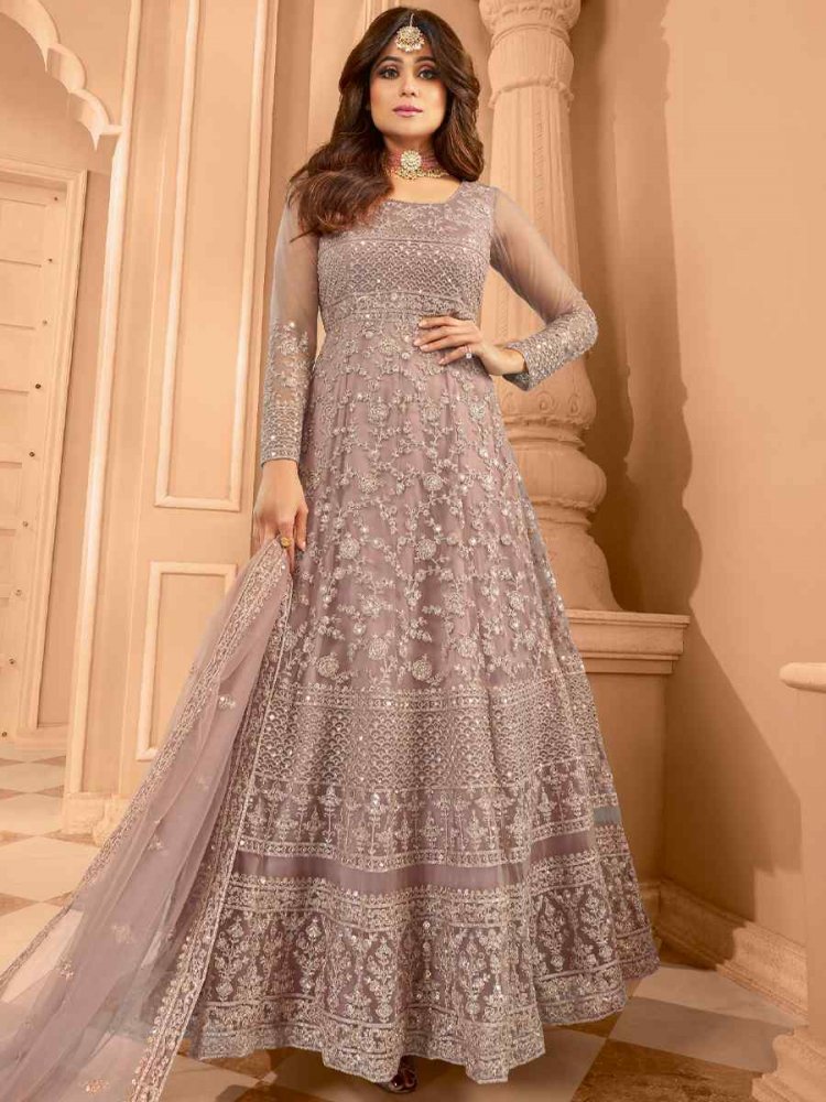 Grey Butterfly Net Embroidered Engagement Party Anarkali Salwar Kameez