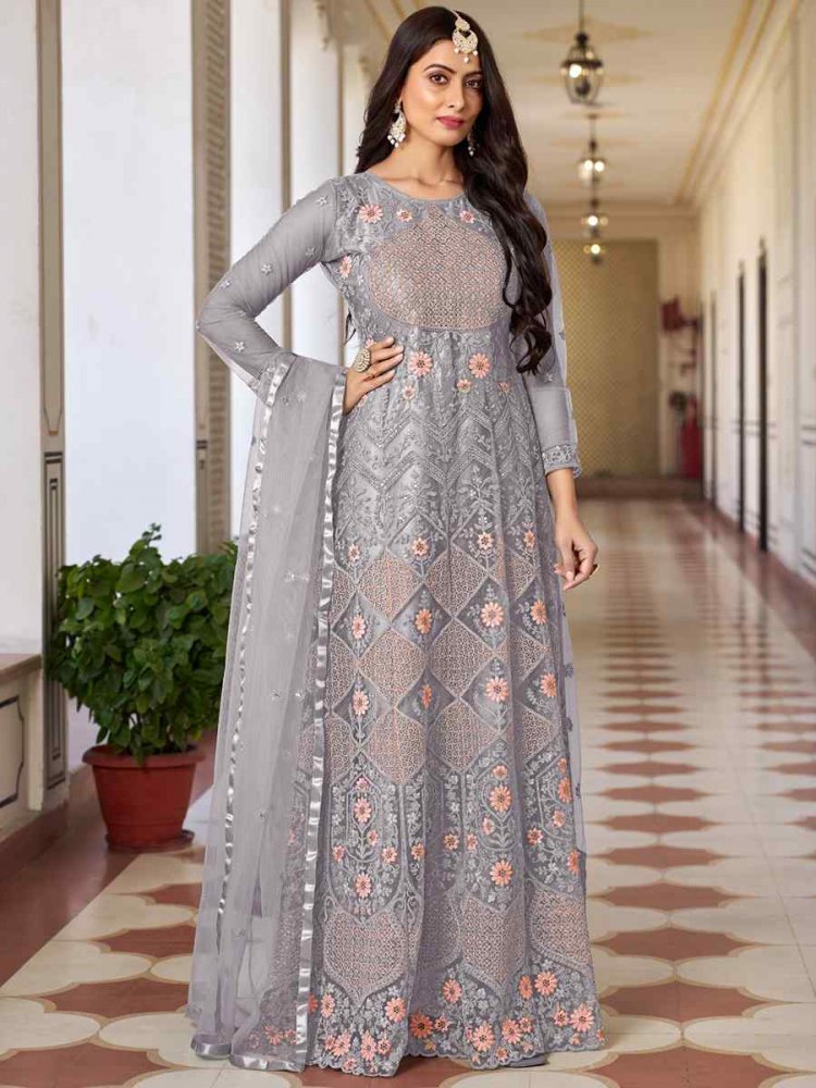 Grey Butterfly Net Embroidered Festival Mehendi Anarkali Salwar Kameez