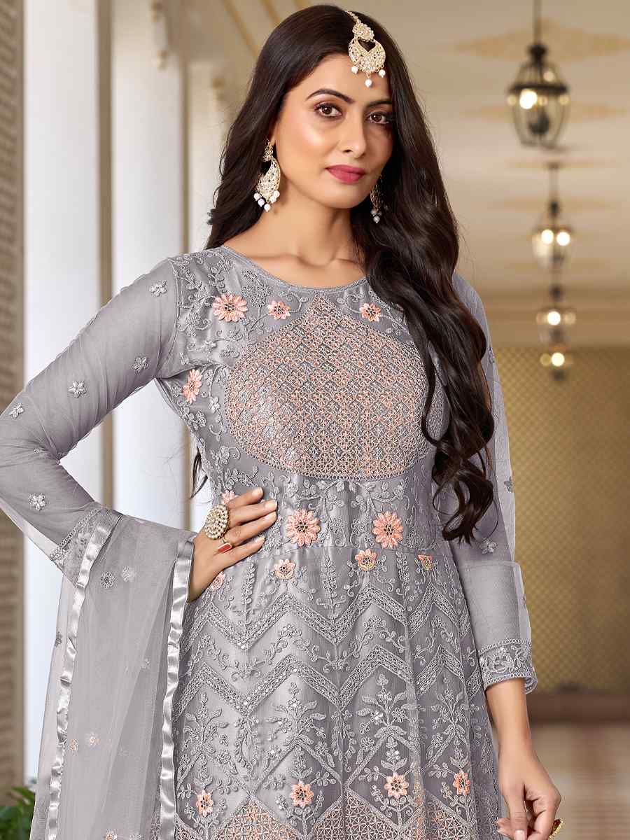 Grey Butterfly Net Embroidered Festival Mehendi Anarkali Salwar Kameez