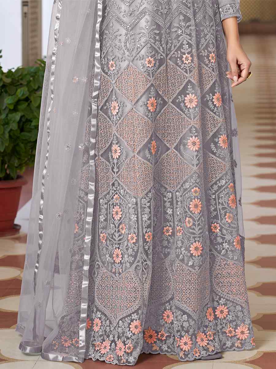 Grey Butterfly Net Embroidered Festival Mehendi Anarkali Salwar Kameez