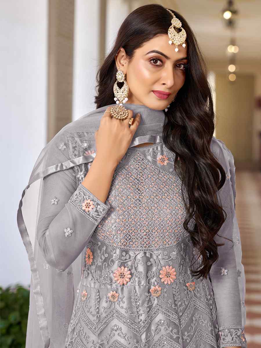 Grey Butterfly Net Embroidered Festival Mehendi Anarkali Salwar Kameez