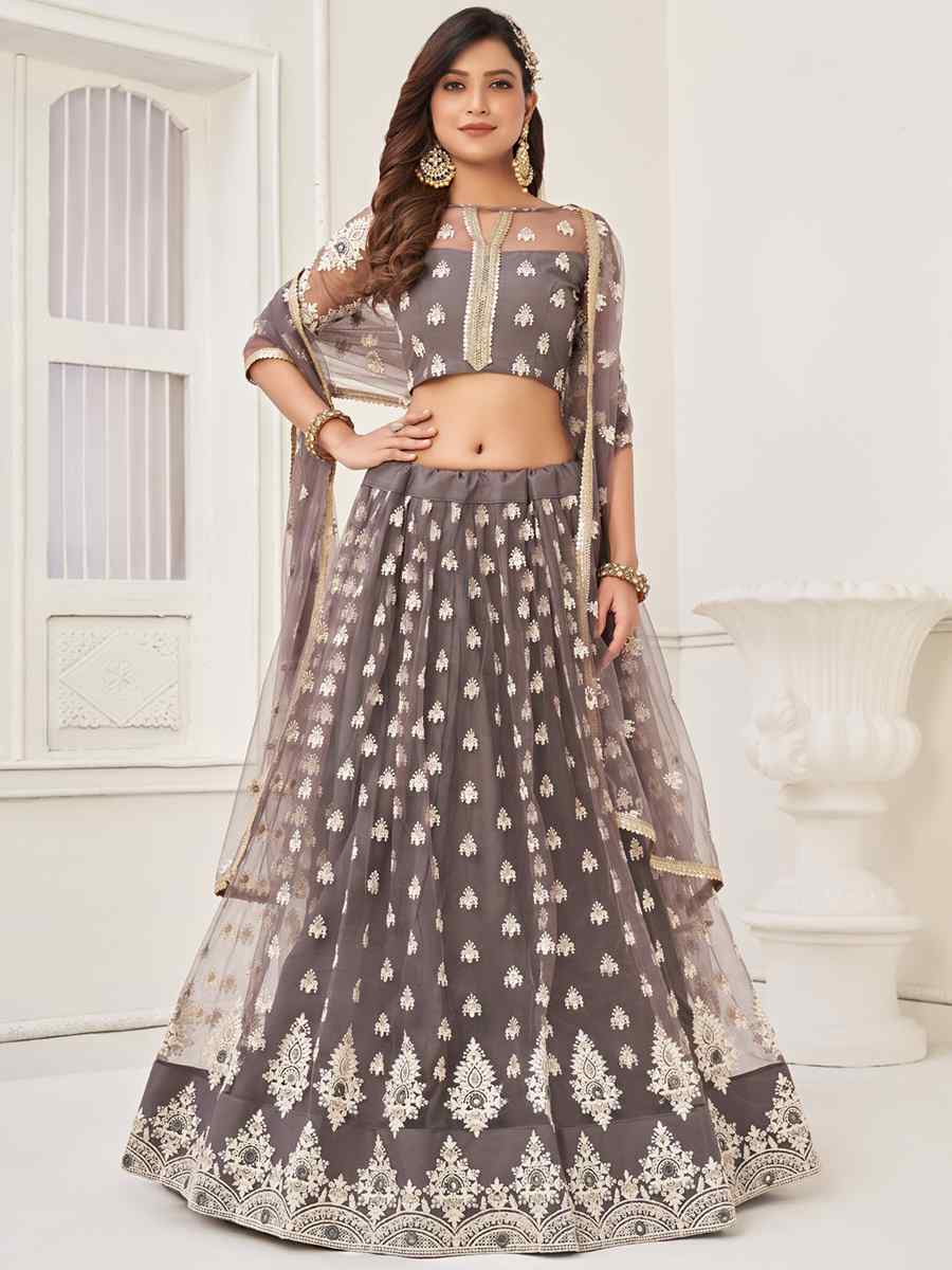 Grey Butterfly Net Embroidered Festival Wedding Circular Lehenga Choli