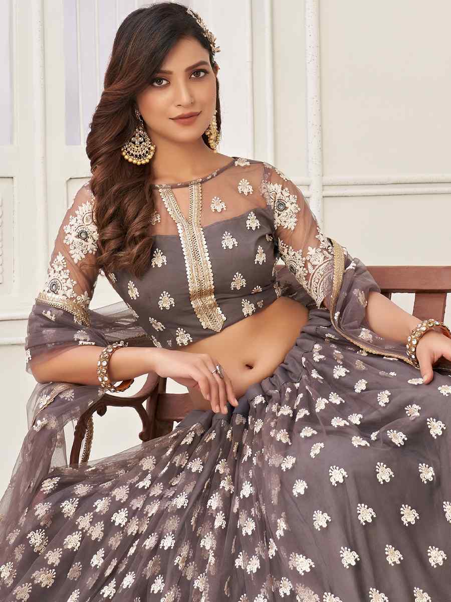 Grey Butterfly Net Embroidered Festival Wedding Circular Lehenga Choli