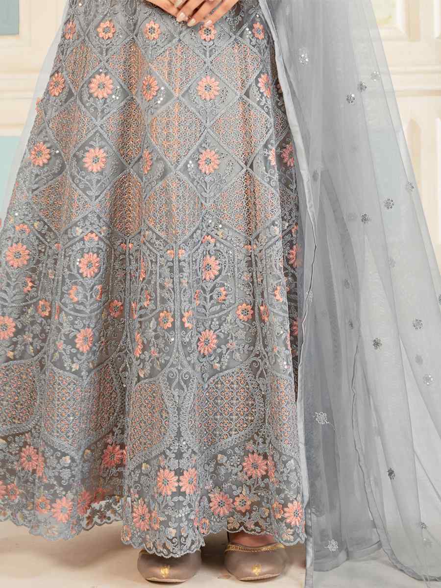 Grey Butterfly Net Embroidered Party Wedding Anarkali Salwar Kameez
