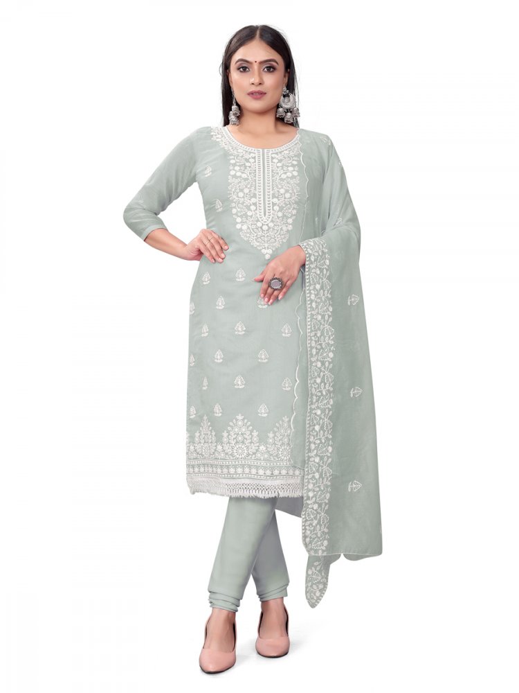 Grey Chanderi Cotton Embroidered Casual Festival Churidar Salwar Kameez