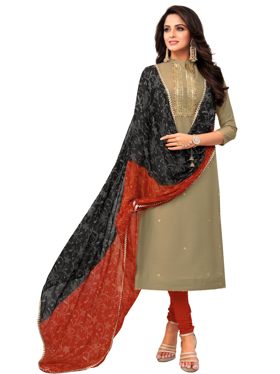Grey Chanderi Cotton Embroidered Party Churidar Pant Kameez