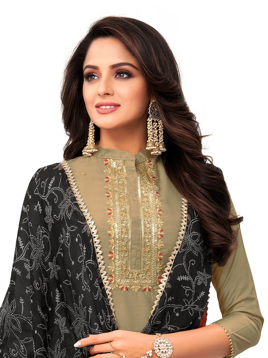 Grey Chanderi Cotton Embroidered Party Churidar Pant Kameez
